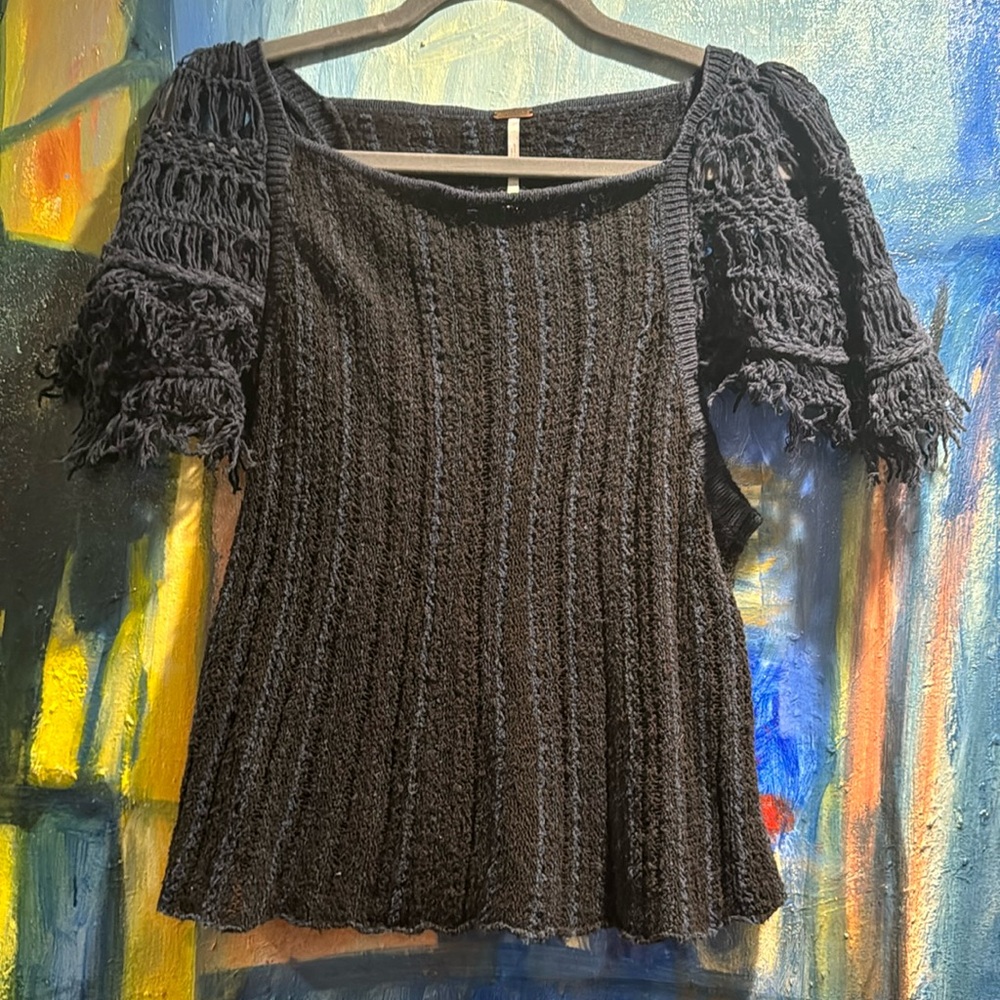 Free People Sweater Bird Macrame Crochet Open Knit Indigo olive brown Size SP